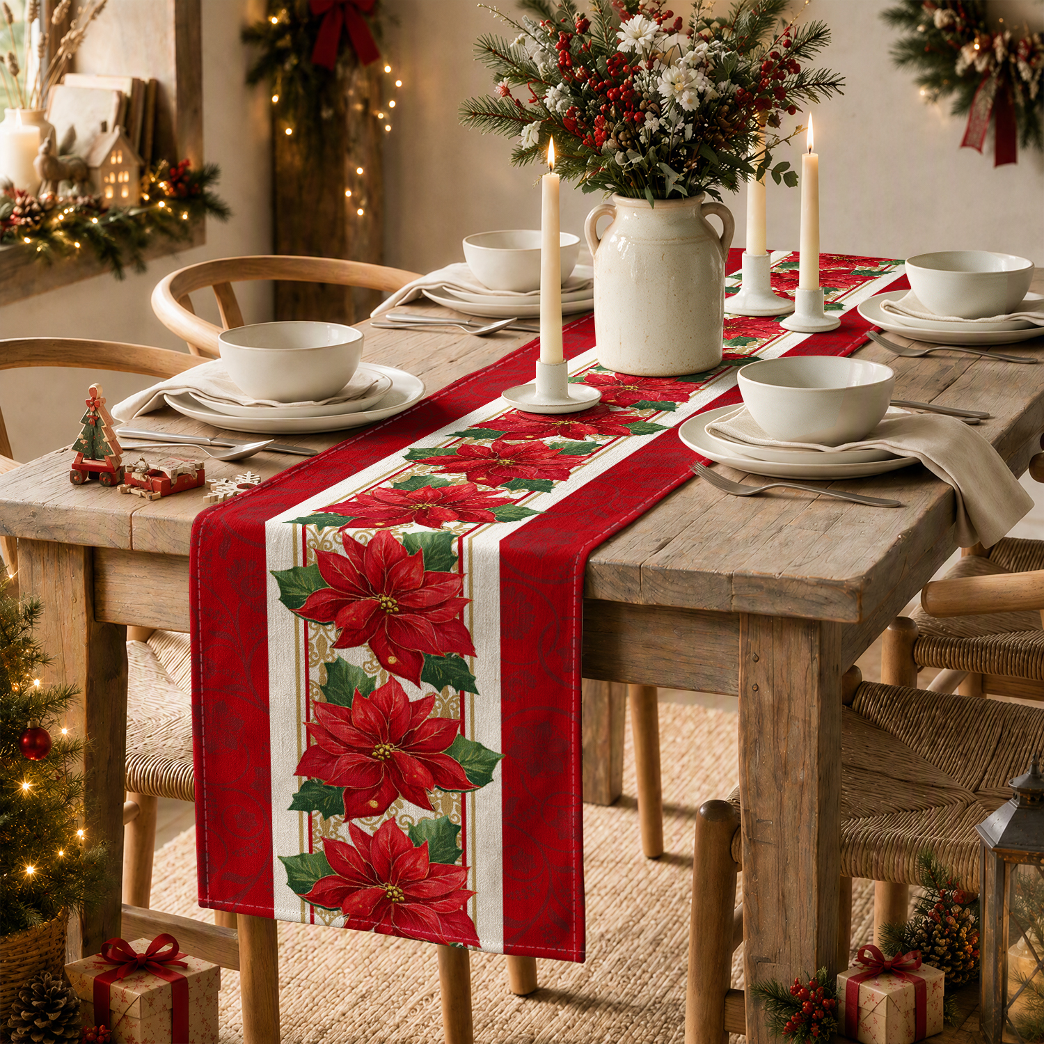 Sm:)e Poinsettia Christmas Table Runner, Red photo 2