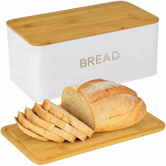 Cnshop White Bread Box with Bamboo Lid, Large Kitchen Countertop Bread Storage Box with Cutting Board Lid