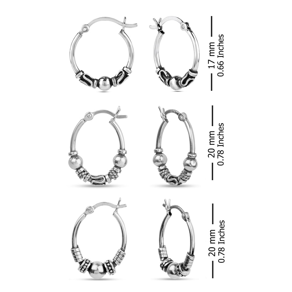 LeCalla 925 Sterling Silver Hypoallergenic Balinese Hoop Earrings Set for Women and Teen, 3 Pairs (17MM, 20MM)