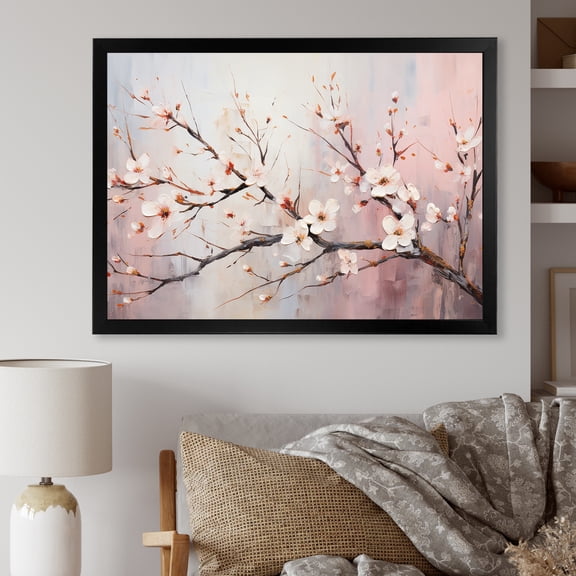 Designart "Cherry Blossom Tree in Pink and White II" Floral Framed Wall Art Decor - Traditional Pink Cherry Bedroom Framed Canvas Wall Art