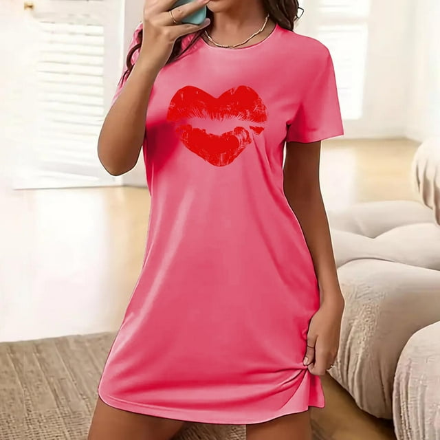 Sakmal Robe de Nuit Décontractée Moo Moos pour Femmes Grande Taille Courte Rose Robe de Maison Manches Courtes Imprimé Cœur Robes de Nuit pour Femmes