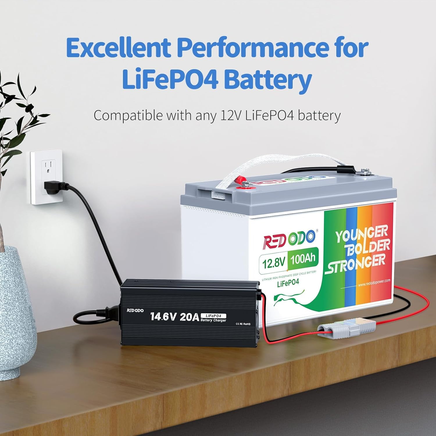 Redodo 14.6V 20A Lifepo4 Lithium Battery Charger, Support Fast Charging for Deep Cycle Lithium Iron Phosphate Battery Charging