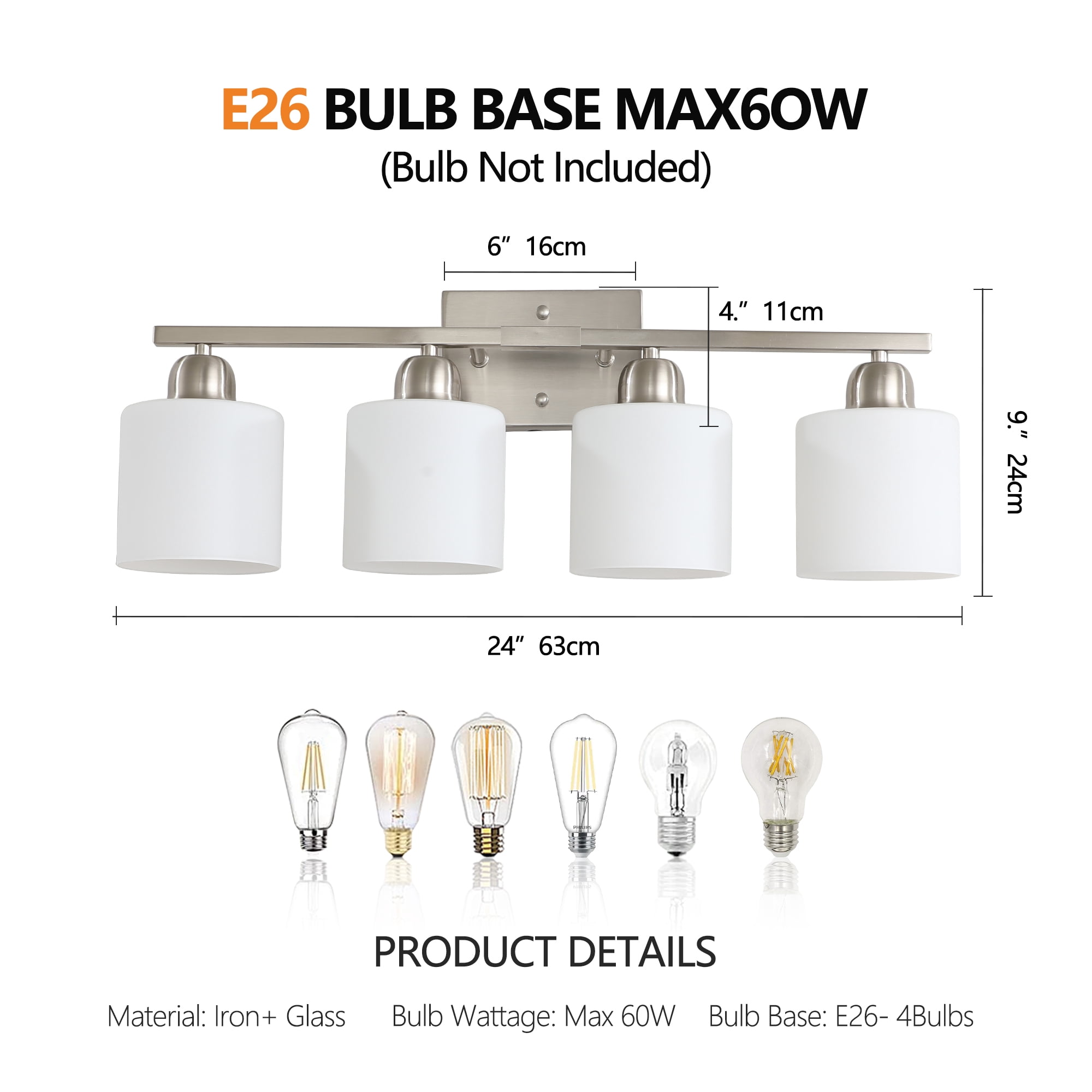4 Light bathroom lighting fixtures 24.8 inch over mirror&nbsp;Nickel Vanity Lights &nbsp;for Mirror Bedroom/BathroomLiving Room 4* E26 Base Up and Down Reversible Mounting