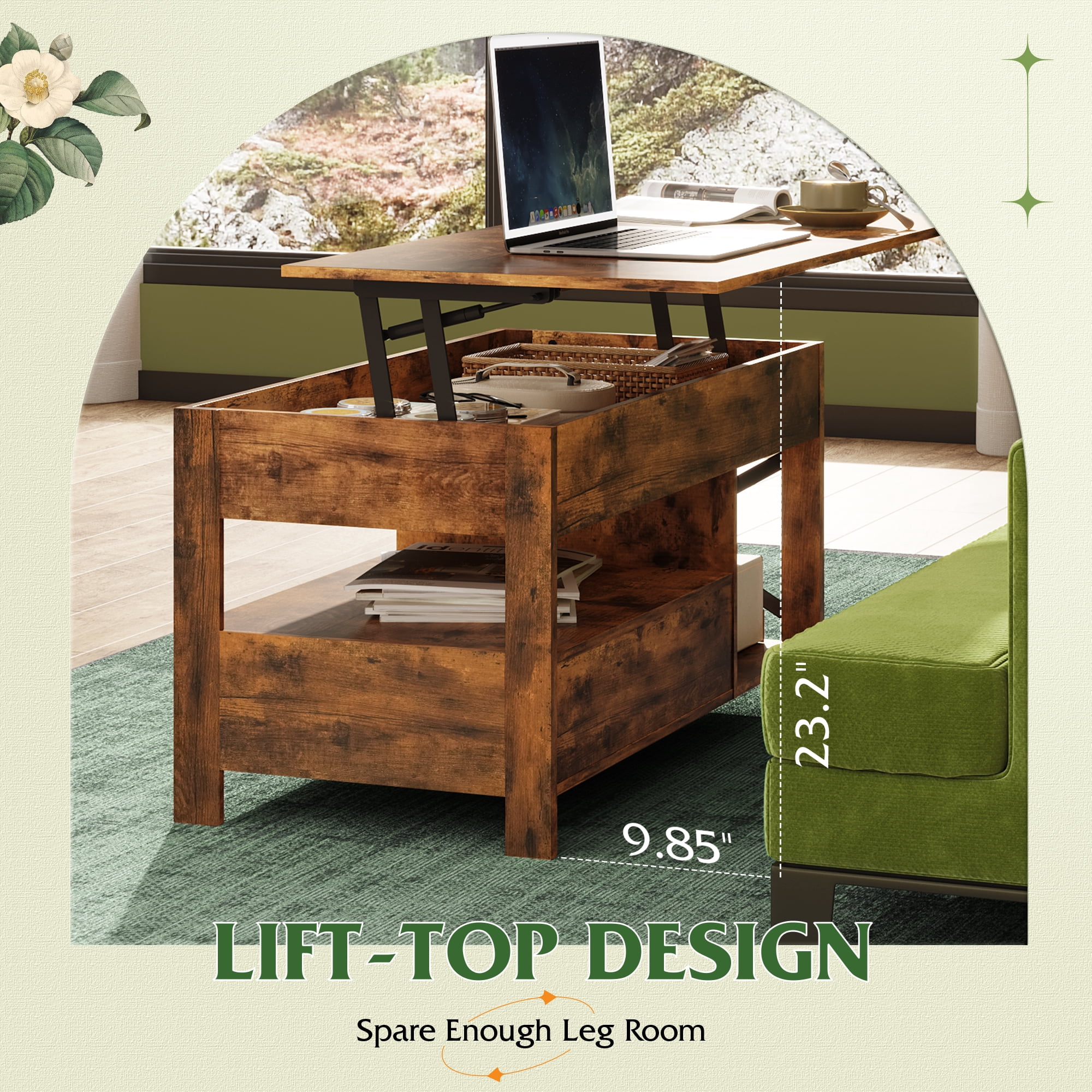 GALAXHERO Coffee Table, 39" Lift Top Coffee Table with Hidden Compartment, Storage Drawers and Storage Shelf for Living Room, Reception Room, Rustic Brown