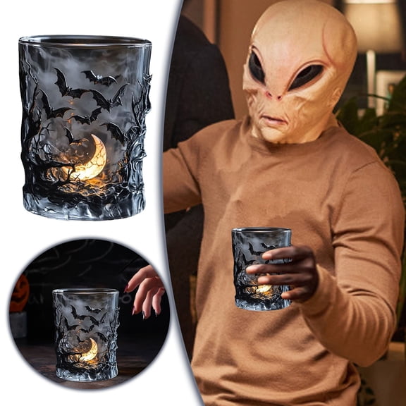 Bat Moon Halloween Glass Cup Gothic 3D Embossed Whiskey Tumbler Spooky Tree Drinking Glass For Halloween Party Home(Blue-11Cm)