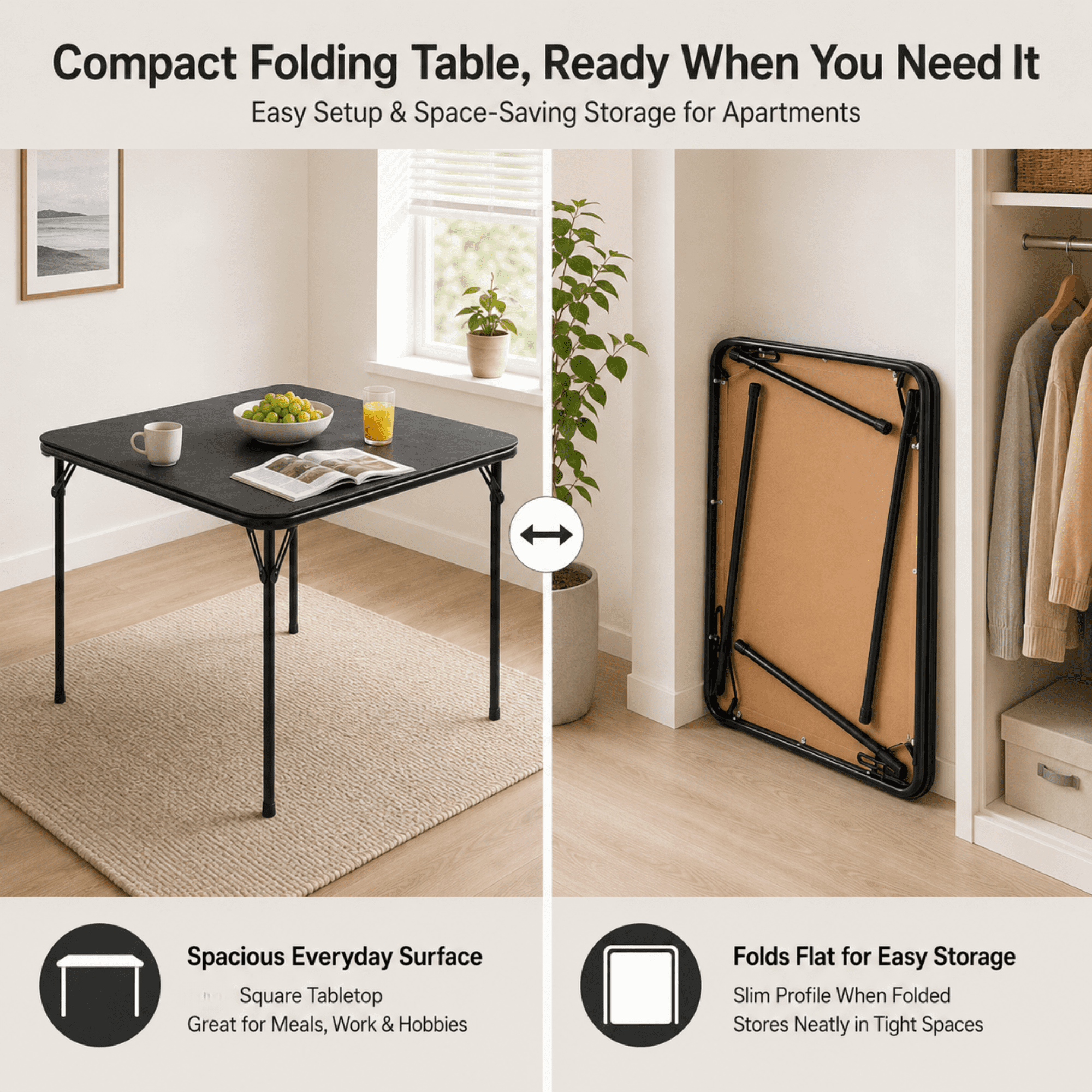 Homy Casa 31.5" Square Folding Card Table Portable Game Dining Table for Small Spaces Black