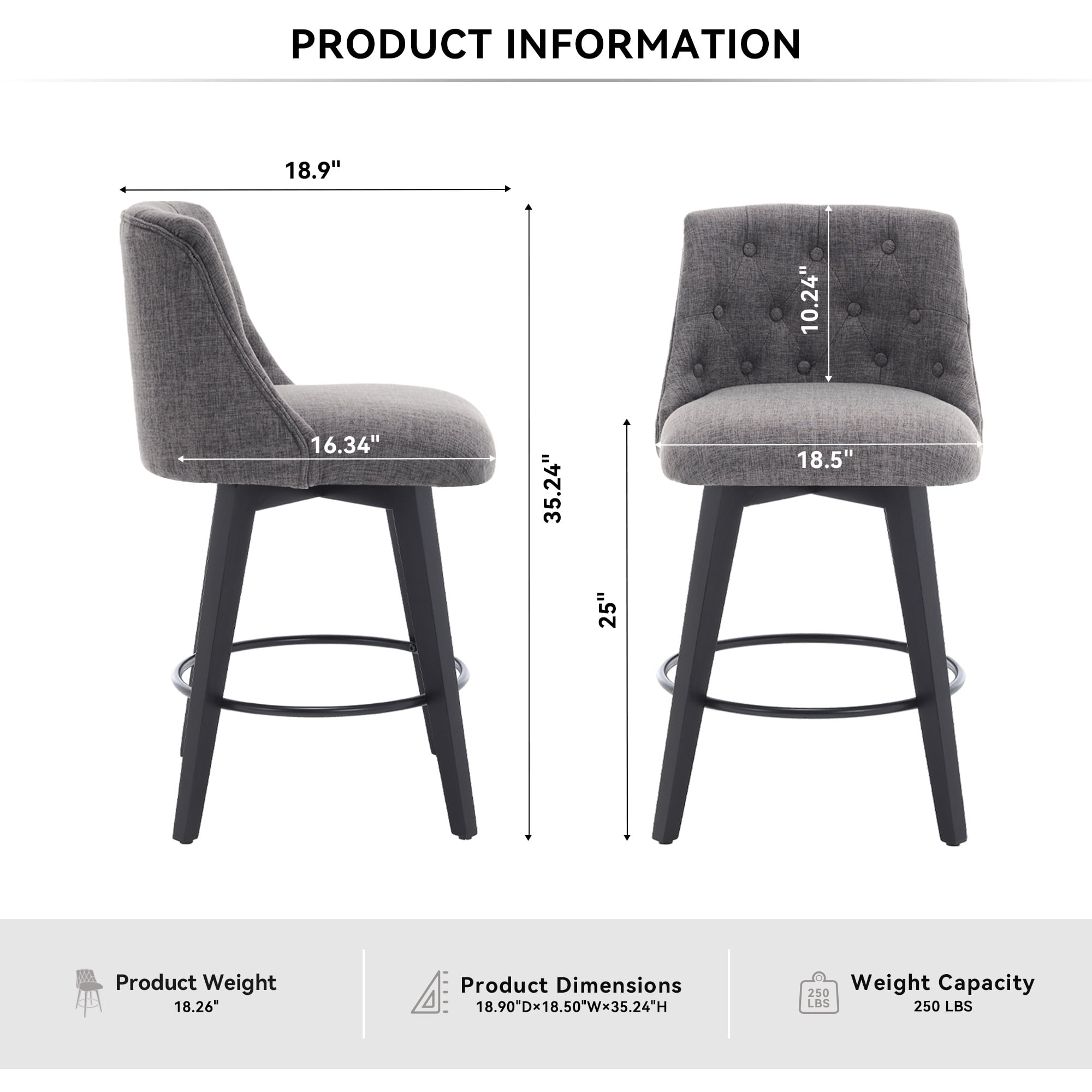 Bananova Swivel Velvet Bar Stools Set of 2, 25" Counter Height Upholstered Chairs with Tufted Back, Wood Legs & Metal Footrest, for Kitchen Island & Home Bar, Grey