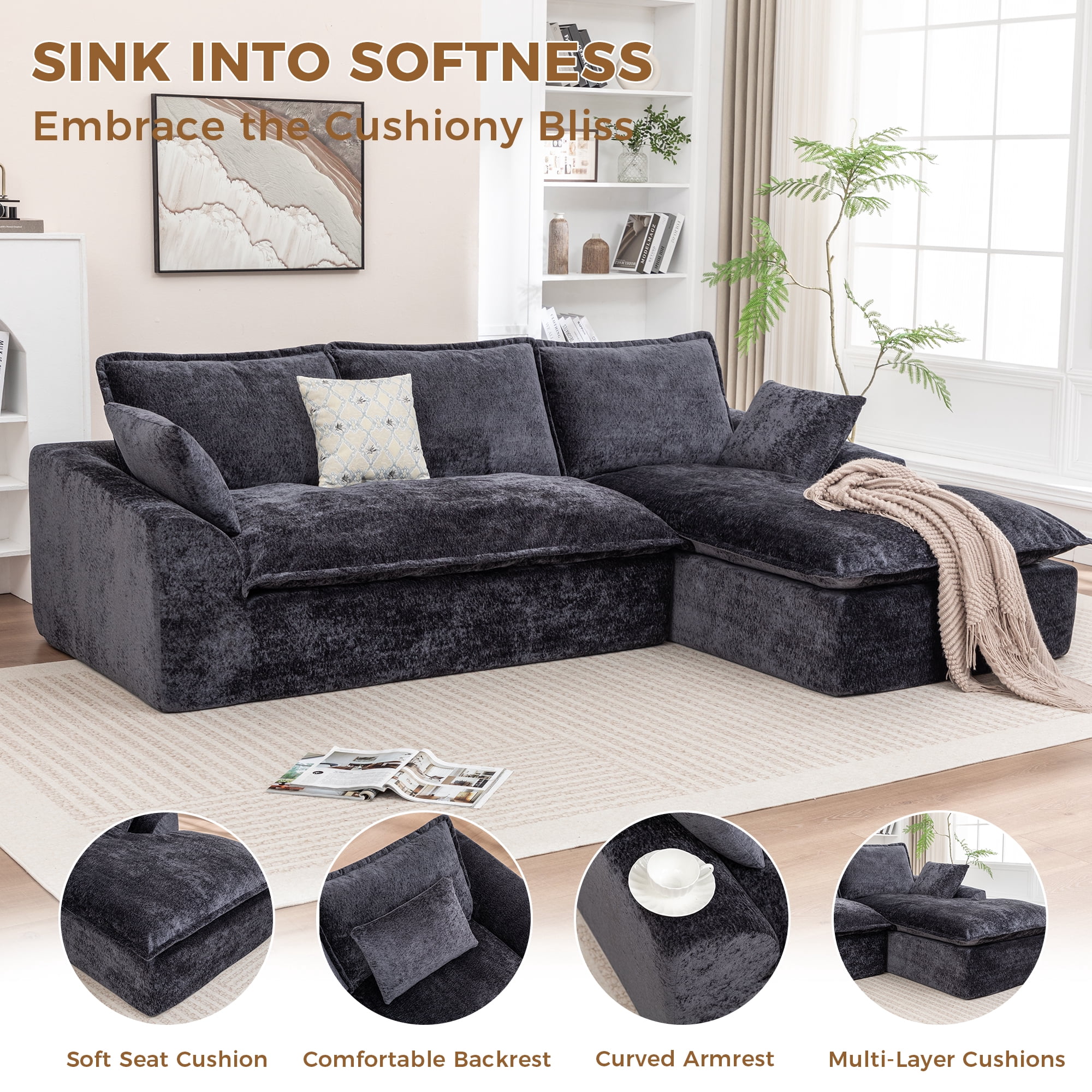 LEHZROAJ 103" Chenille Compressed Sofa,L Shaped Sectional Couch Pillows No Assembly Required for Living Room(Black,Right)
