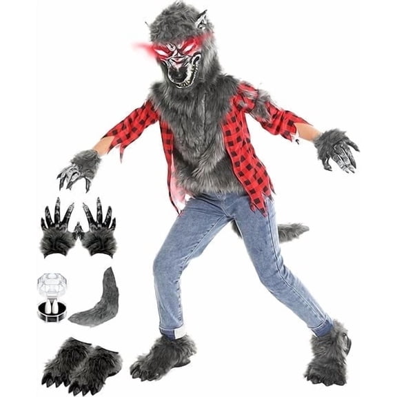 Sefiry Halloween Wolf Costume Set, Red Werewolf Outfit with Various Accessories (3-4T)