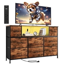 Eunos Tv Stands for 65" Tv with 8 Drawers, LED & Power Outlets for Bedroom, Living Room, Wood Grain Print