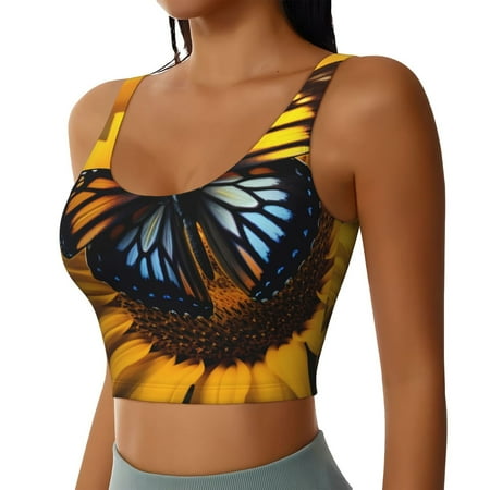 JUNZAN Butterfly On Sunflower Print Women s Workout Tank Tops - U Back Fitness Top with Built-In Shelf Bra  Perfect for Yoga and Gym-Large