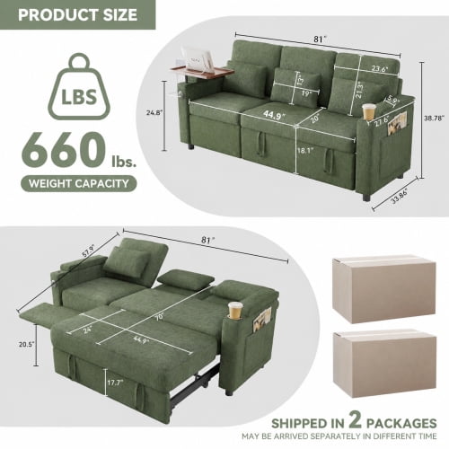 81" 3-in-1 Convertible Sofa Bed, Electric Recliner & Sleeper with Table, USB Ports, Storage Armrests, Chenille, 6 Adjustable Positions, Green