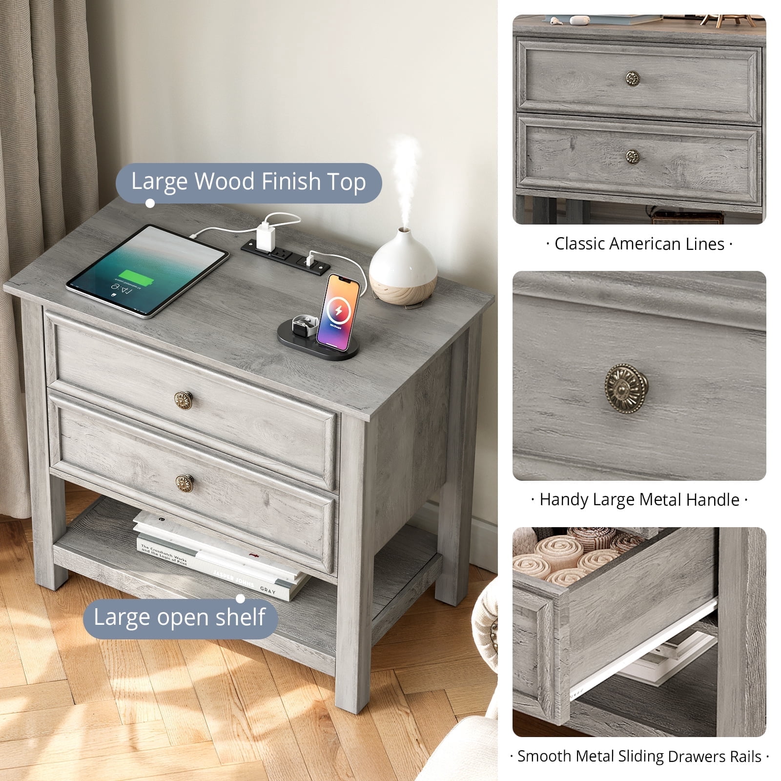 Holliwill 2 Drawer Dressers for Bedroom with Charging Station, Modern Wood Chest of Drawers with Open Storage for Living Room, Hallway, Gray