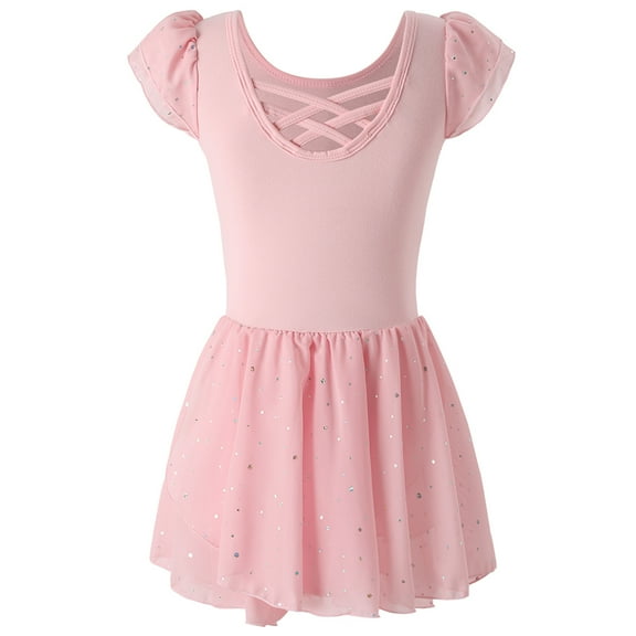 Girls Ruffle Sleeve Ballet Dance Leotard Tutu Skirted Costume Ballerina Criss-Cross Back Shiny Dance Outfit
