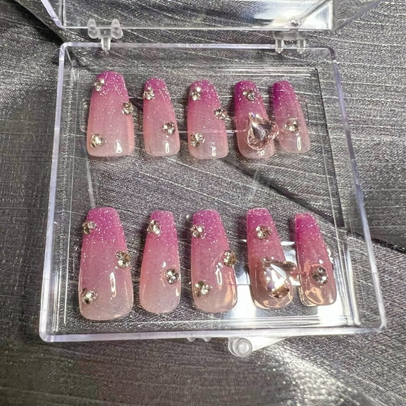 10pcs 3D Pink Purple Heart Rhinestone Translucent Reusable Glitter Gradient Handmade Press On Nails (XS)