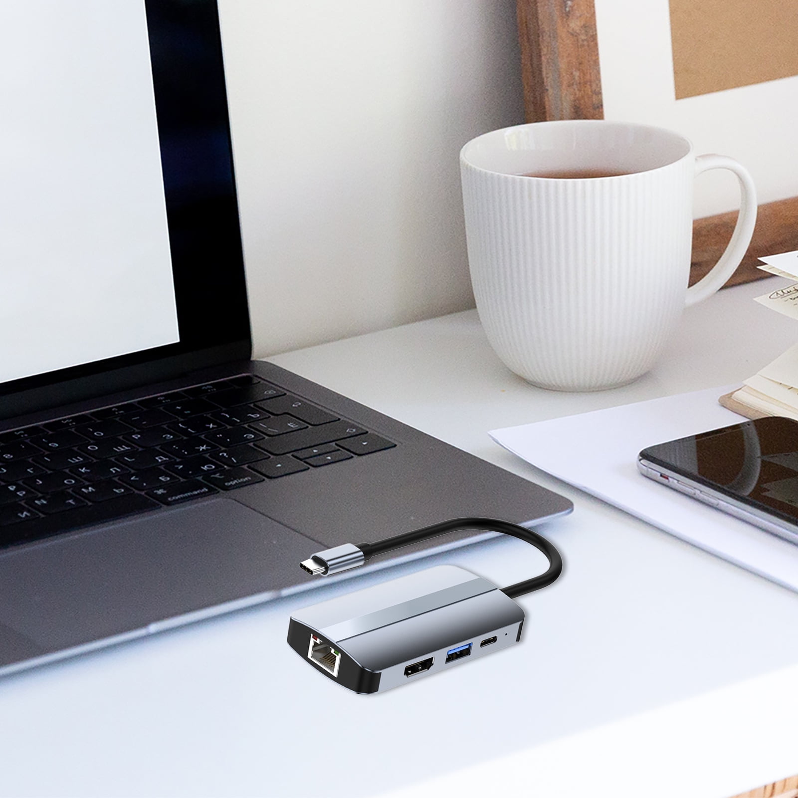 Zeiwohndc USB Type C Hub 6 in1 USB3.0 HDMI-Compatible LAN 5GB PD Fast Charging Splitter