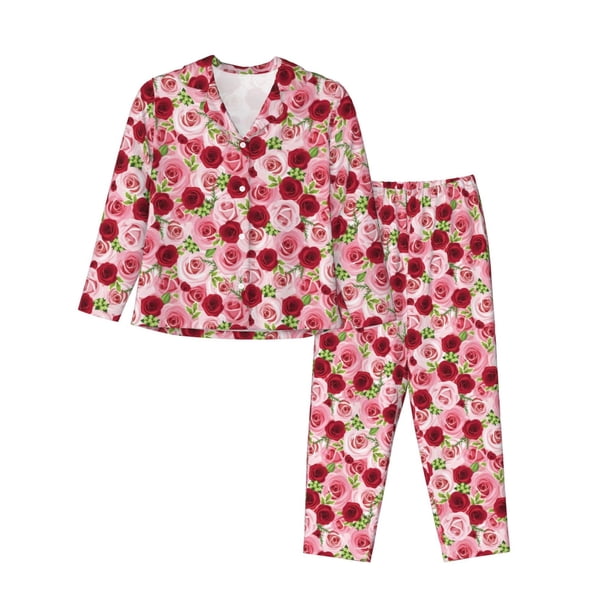 Fotbe Rose Flowers Conjunto de Pijama de Manga Larga para Mujer con Estampado, Ropa de Dormir de 2 Piezas, Conjunto de Casa Suave y Cómodo con Bolsillos-Small