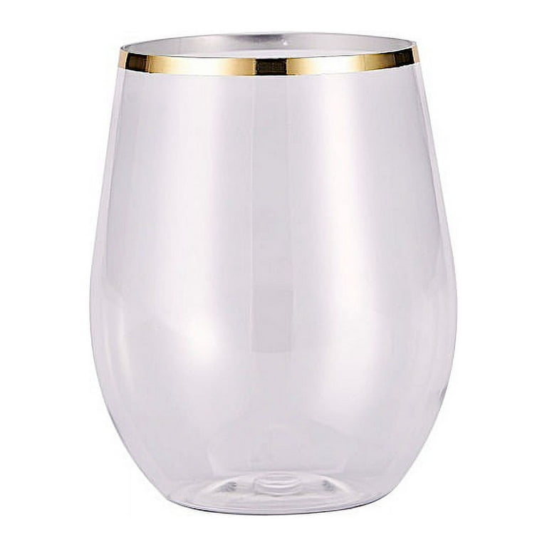 Visions 12 oz. Heavy Weight Clear Plastic Stemless Wine Glass with Gold Rim  - 16/Pack