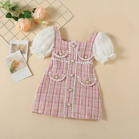 CUZIBR Little Girls Toddler Summer Dress Button Down Plaid Lace Mesh Patchwork Square Collar A-Line Short Sleeve Casual Party Birthday Breathable Outdoor Dresses Dailywear Red 5-6 Years