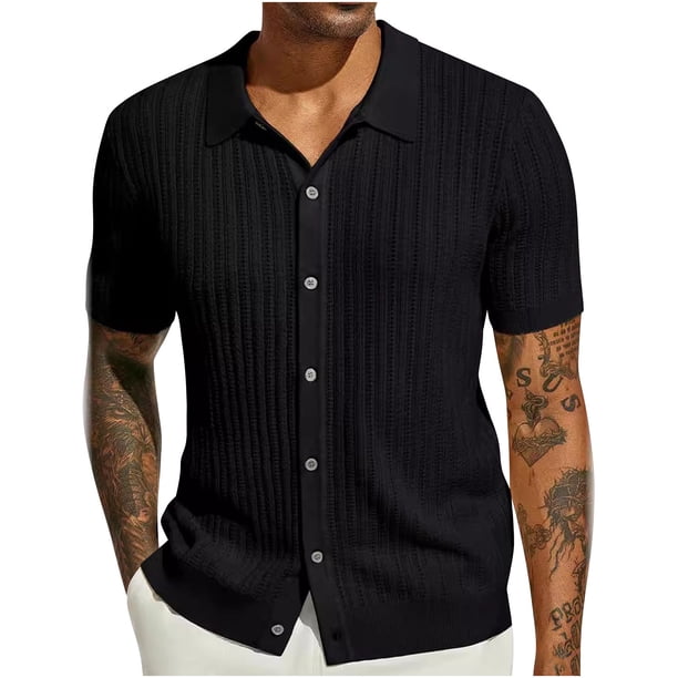 Blusa de Manga Corta de los Hombres Turndown Collar Botón Superior, Ligero Y Casual Mangas de Mano para los Hombres