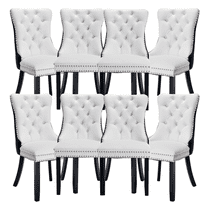 PU Leather and Velvet Dining Chairs, Upholstered Dining Room Chairs with Ring Pull Trim & Button Back, Luxury Tufted Dining Chairs for Living Room, Bedroom, Kitchen(White Black Set of 8)