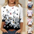 thumbnail image 5 of HKEJIAOI Blouse pour Femmes Manches 3/4 Imprimé Floral Col Rond L Hauts d'Été, 5 of 5
