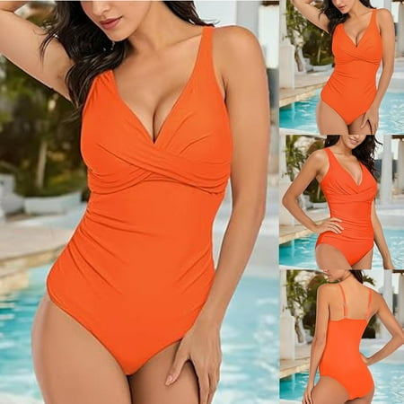 VgaVtl Women s One Piece Bathing Suit Women Swimsuit Tummy Control Padded Wire-Free Solid Color Swimsuits Orange L