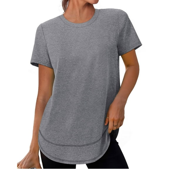 Ltctricy Summer Tops for Women Trendy Short Sleeve Crew Neck Curved Hem Workout Athletic T-Shirts Soft Casual Tees