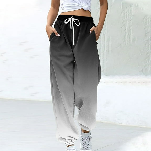 Trushirts Women's Gray Polyester Casual Pants - Soft Loose Fit, Elastic Drawstring Waist with Pockets, Cuffed Ankles, Size XL, Trendy Gradient