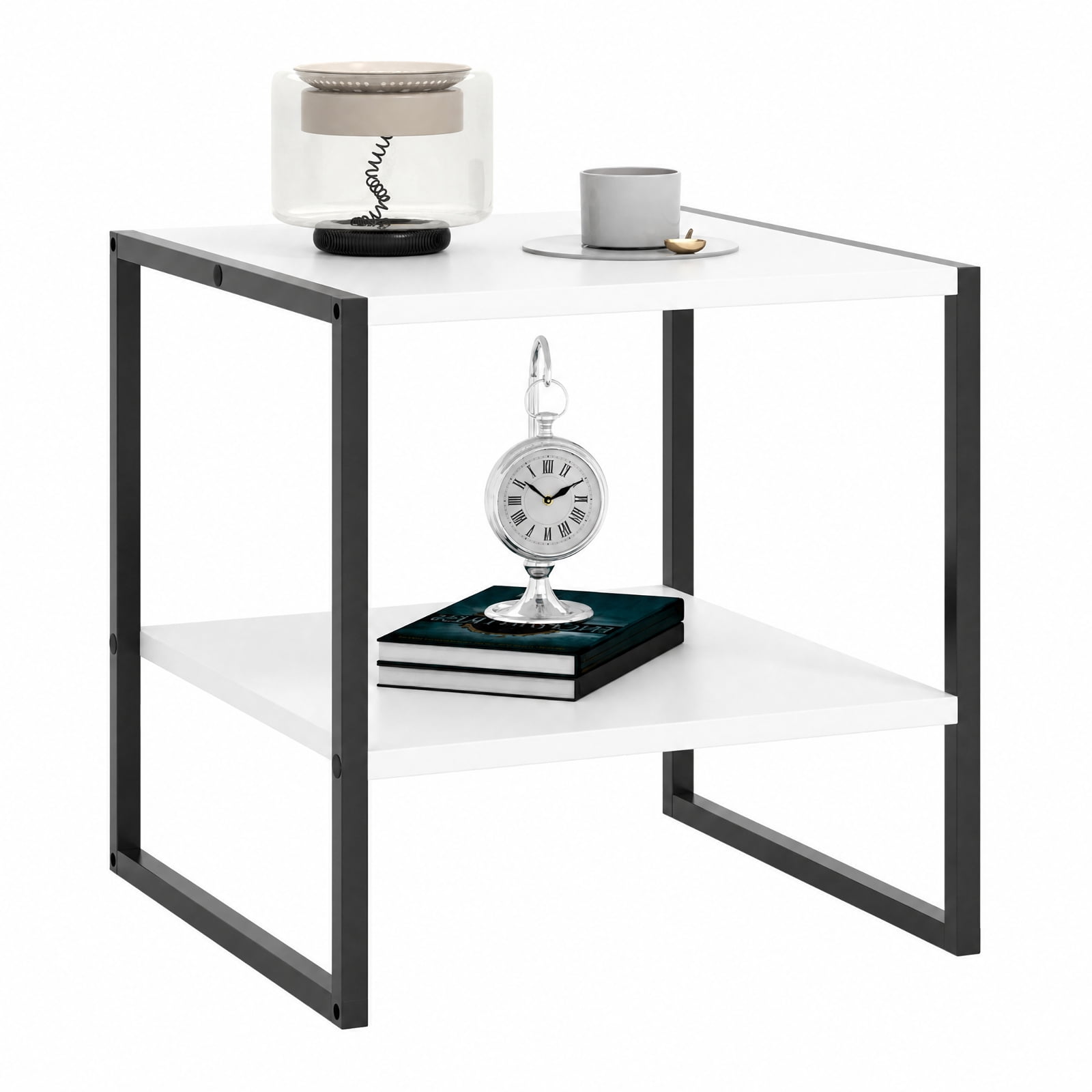 Furnibear 2 Tier Square End Table with Reversible Storage Shelf and Sleek Modern Finish for Living Room and Bedroom, White