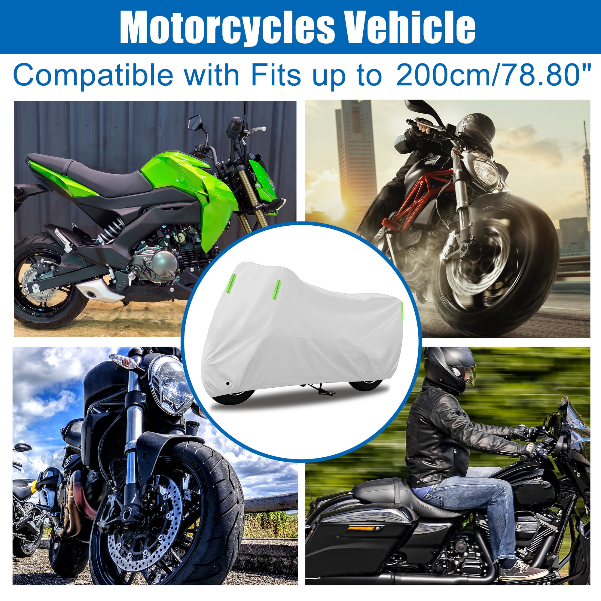 Unique Bargains Motorcycle Cover Outdoor Waterproof Motorbike Cover Full Cover 190T Umbrella Cloth Silver Tone-M Universal 200cmx90cmx100cm / 78.74"x35.43"x39.37"