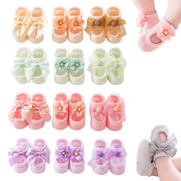 Baby Ballet Socks, 12Pair Socks Shoes for Baby Girls, Newborn Toddler Cotton Lace Bowknot Flower Non-skid Walker Sock (12 Pairs,Small)
