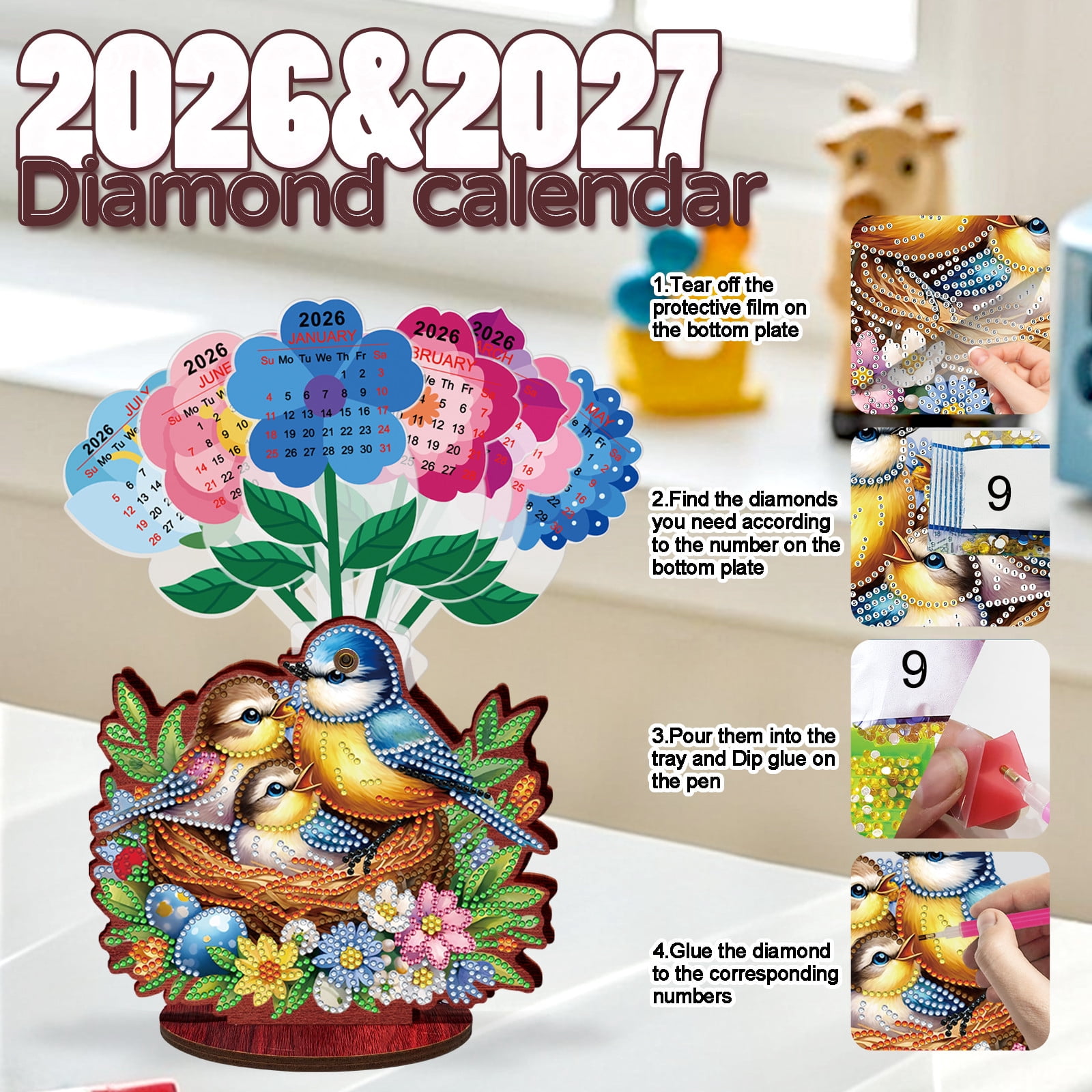 FLOPESN 2026-2027 Wooden Desktop Calendar DIY Diamond Art Painting Kits,Creative Design PVC Insert Home Decor Ornament-Bird