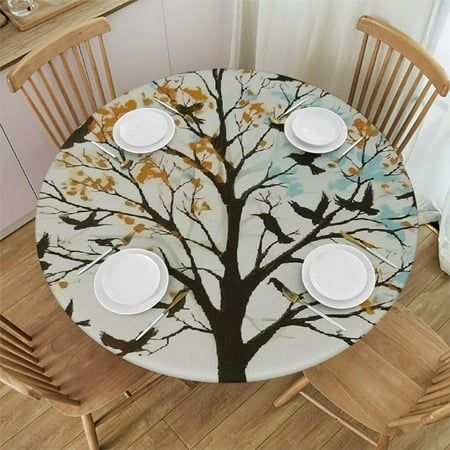 

Orinice Birds Foliage Tree Round Tablecloth 100% Polyester Stain-Resistant for Indoor Outdoor Restaurants Parties Home Kitchen Holiday Dinner Waterproof 46 -50