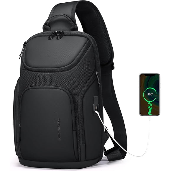 FENRUIEN Bolso Cruzado Mochila Cruzada con Puerto de Carga USB, Negro