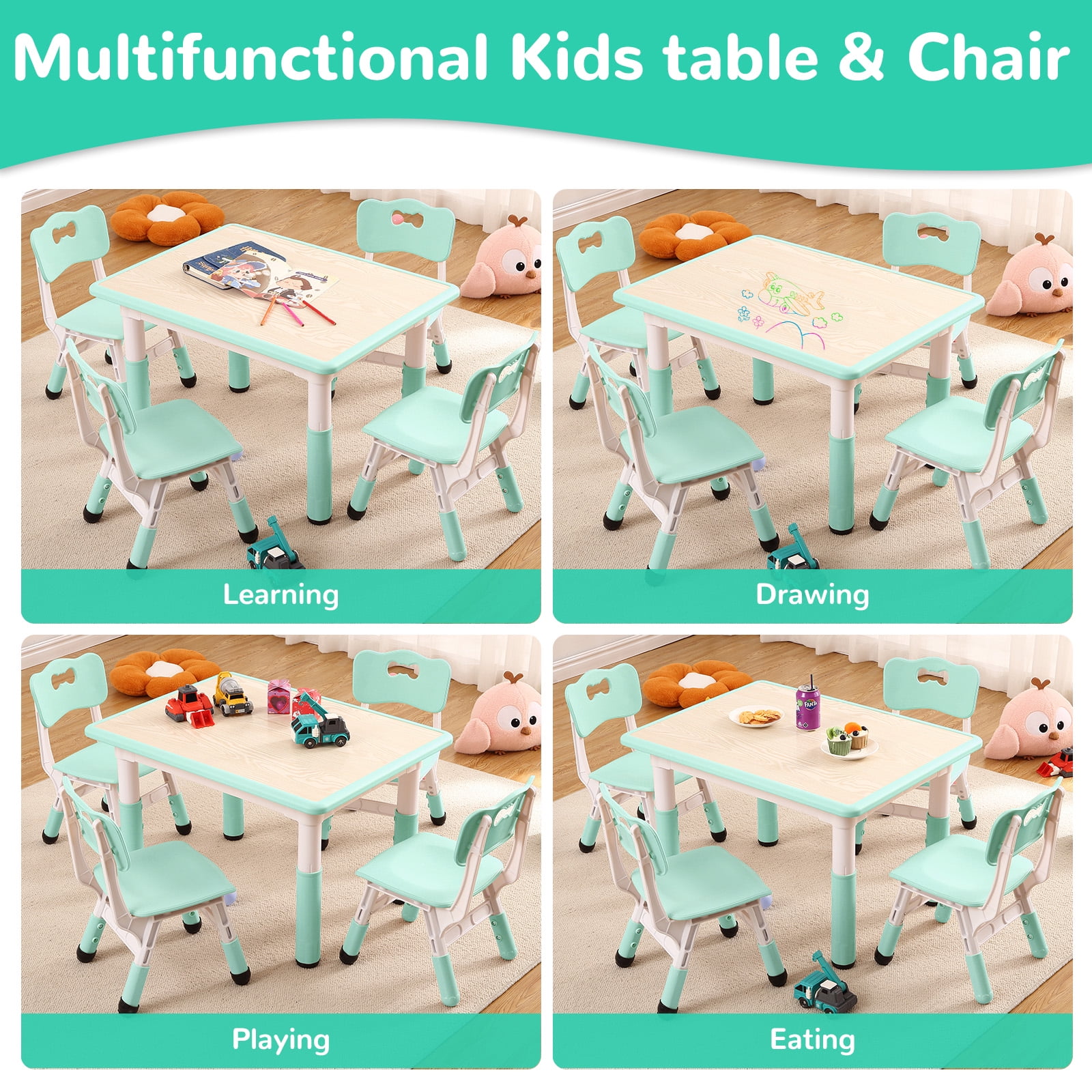 Kids Table and 4 Chair Set,Height Adjustable Toddler Arts & Crafts Table and Chair Set for Ages 2-10,Kids Activity Art Table for Classroom Daycares,Home(Mint Green)