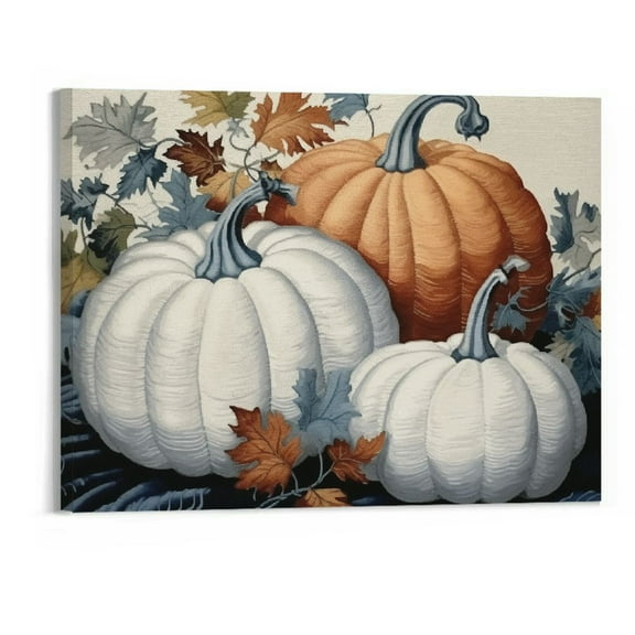 COMIO Fall Canvas Wall Art Autumn Pumpkin Maple Leaf Paintings Prints Artwork Farmhouse Thanksgiving Home Living Room Decor Framed (16x20 Inch) White