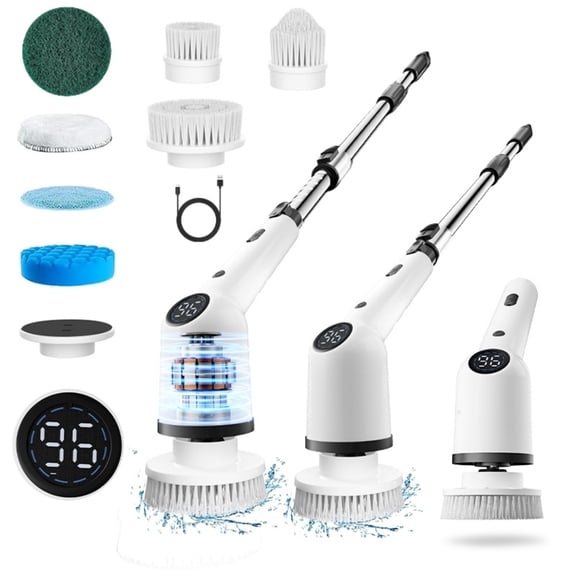 VAETTLO Cordless Electric Spin Cleaning Brush with 8 Brush Heads, 1300mAh Battery & 3 Speeds (350/400/450 RPM), Extendable Handle (37.7-48")