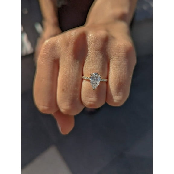 Solitaire Brilliance 3.20Ct Pear Moissanite Engagement Ring with Pave and Hidden Halo 10k Yellow Gold, Ring Size 4