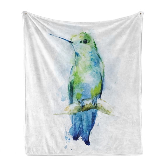 Hummingbird Soft Flannel Fleece Blanket, Watercolor Drawn Calibri Thin Beak Bird Animal Perching on Tree Artwork, Cozy Plush for Indoor and Outdoor Use, 50" x 60", White Multicolor, by Ambesonne