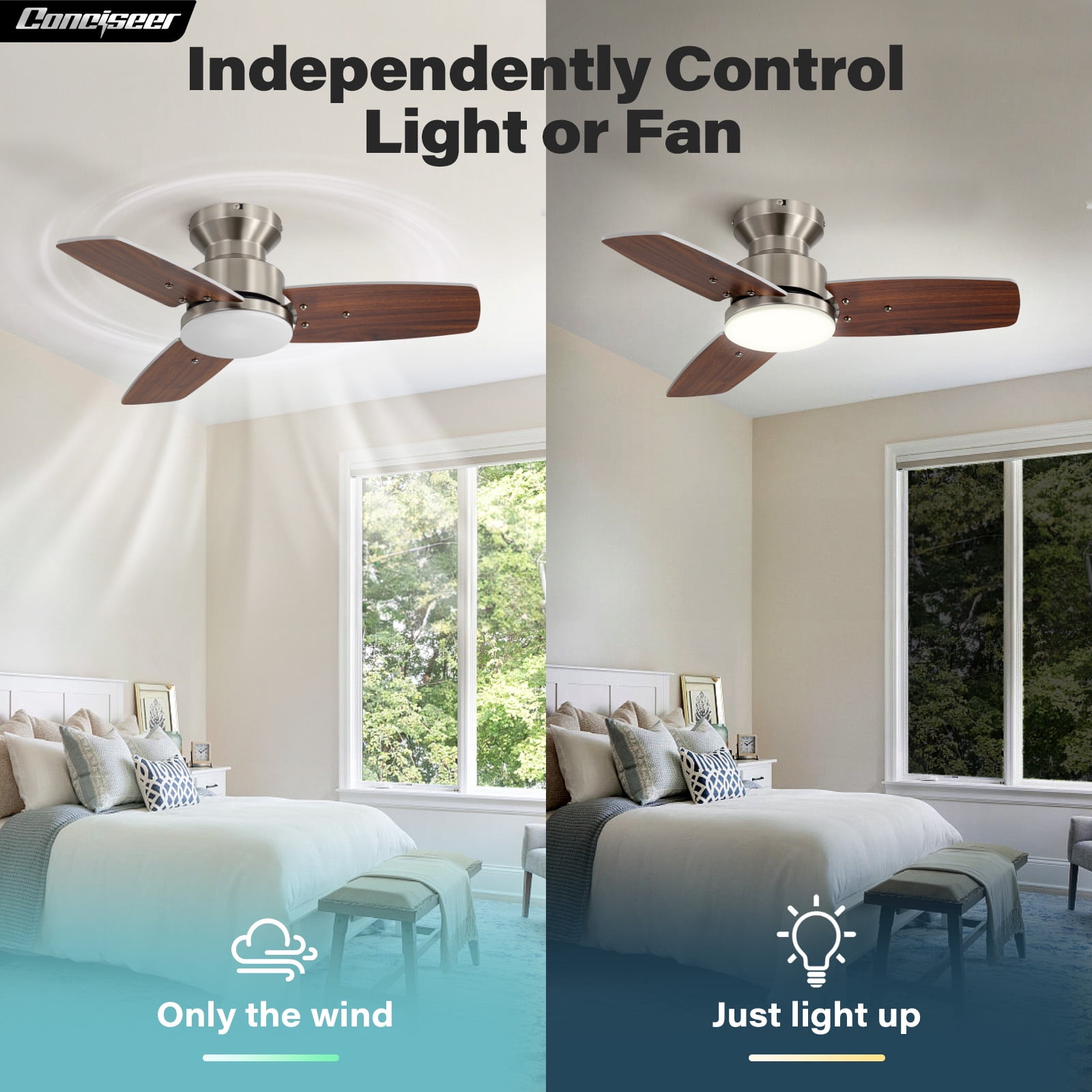42 Inch Ceiling Fans with Lights and Remote, Bedroom Living Room Office, Flush Mount, 6CCT Dimmable, Dual Color 3 Blades 6 Speed Reversible Quiet DC Motor, Sand-nickel/Wood Grain, 2 Pack