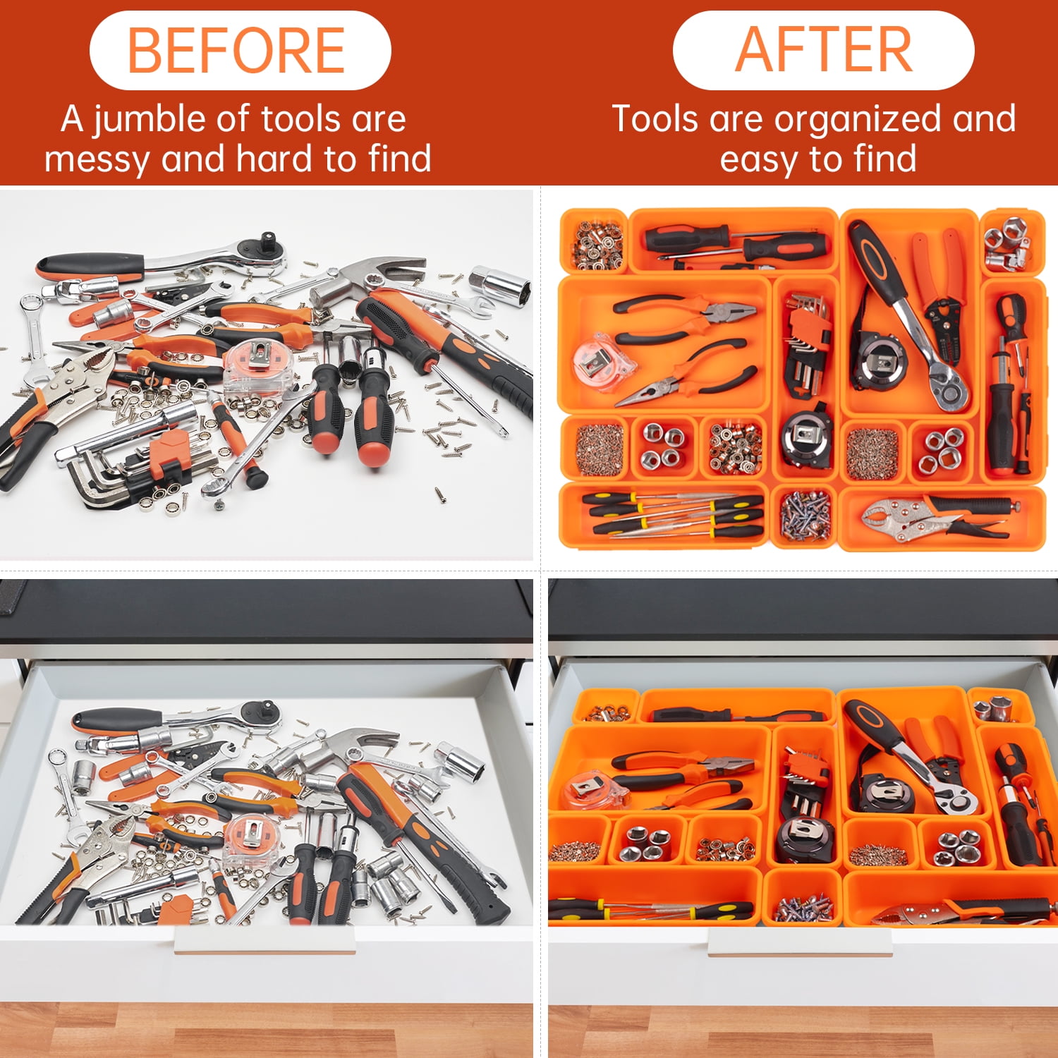 HAIDAIYA 45 Pack Drawer Organizer Trays Set, 3 Sizes Plastic Divider Storage Bins for Desk, Makeup, Tool Box, Jewelry (Orange)