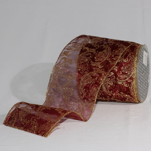 The Ribbon People Shimmering Red Sheer Ornamental Print Wired Craft Ribbon 4" x 20 Yards
