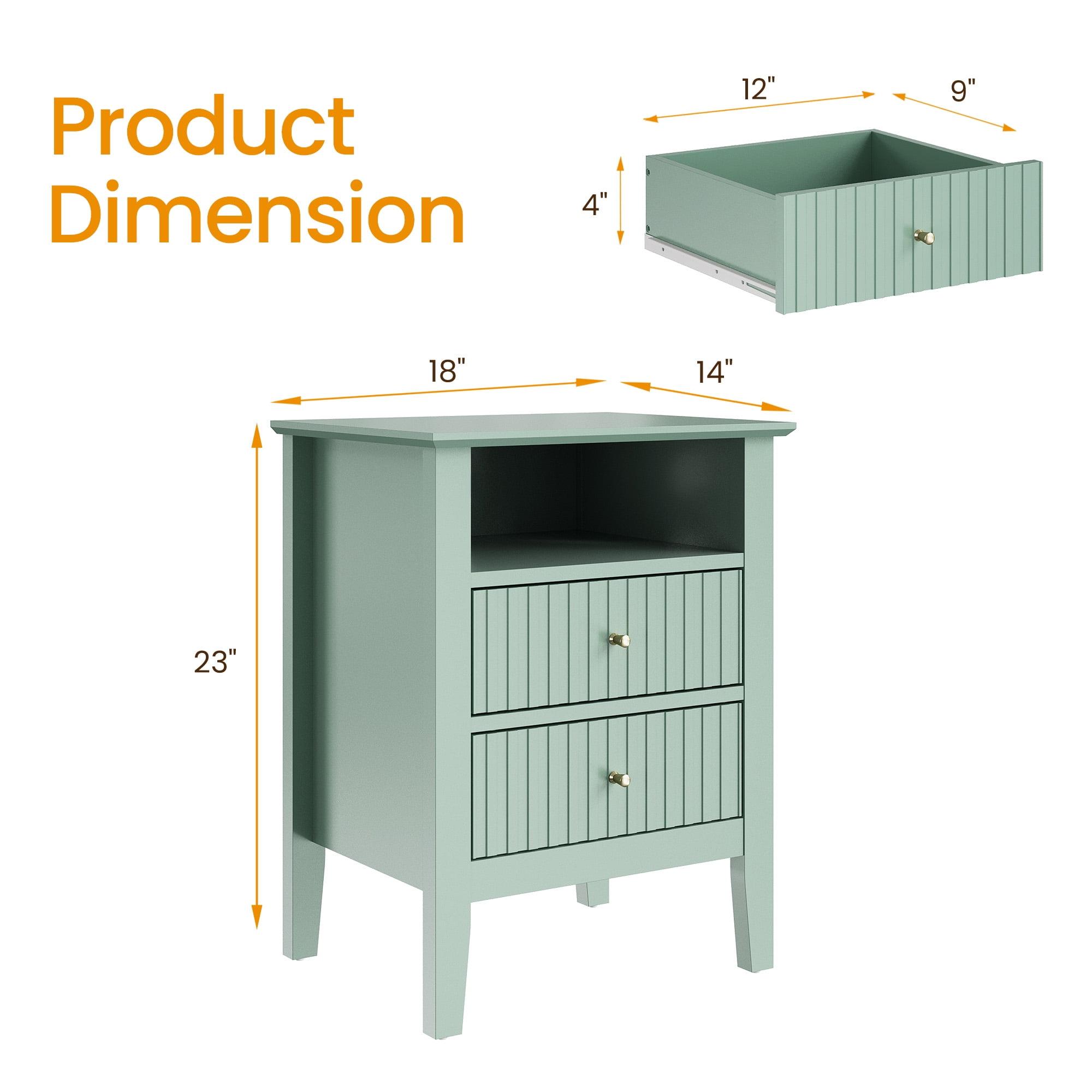 May in Color Green Fluted Nightstand with 2 Drawers Set of 2, Modern Wooden Sofa Table with Storage for Small Spaces, Tall End Table for Bedroom,Living Room, Couch Coffee Table