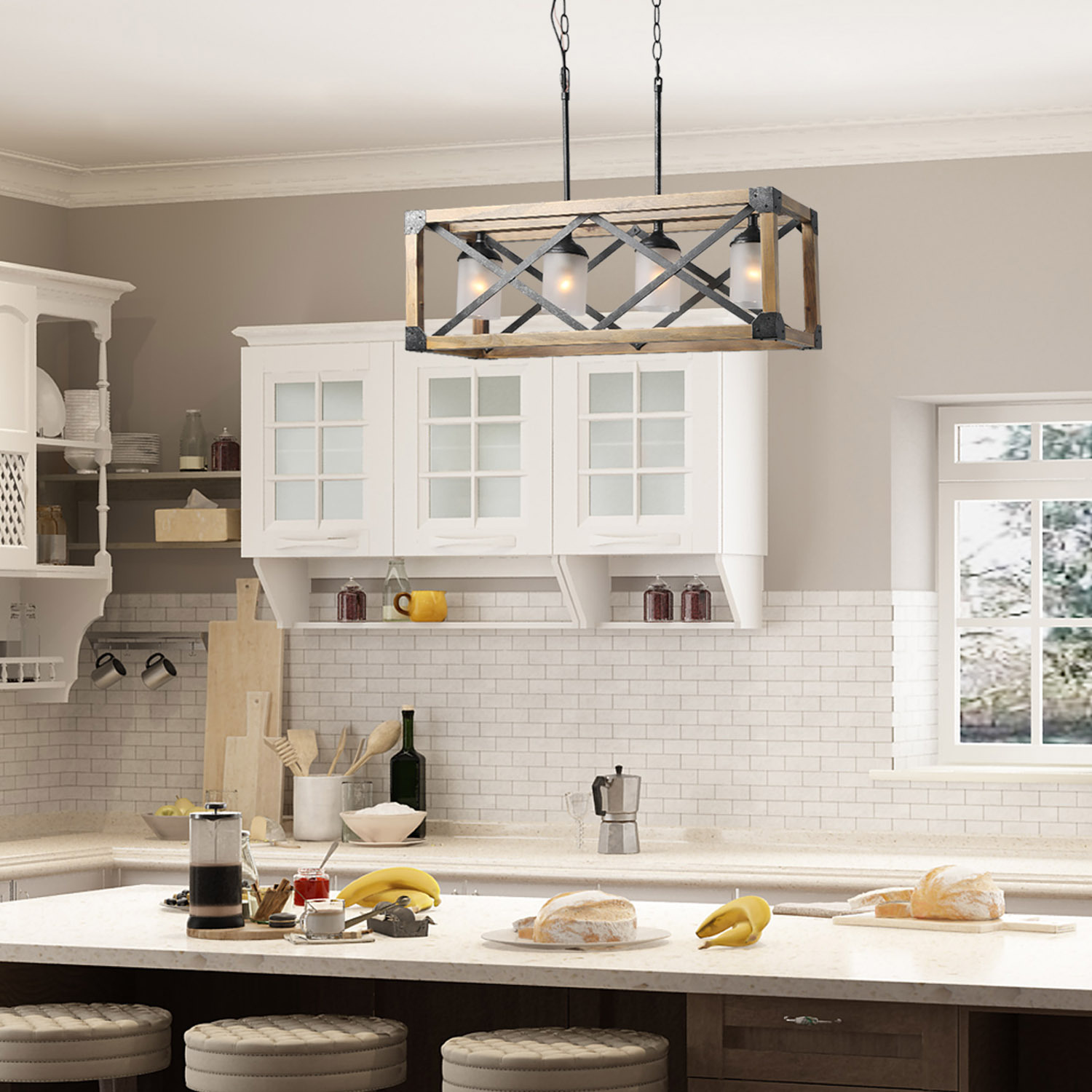 LNC 4 Lights Antique Black and Brown Wood Farmhouse Linear Rectangular Chandelier for Kitchen Island