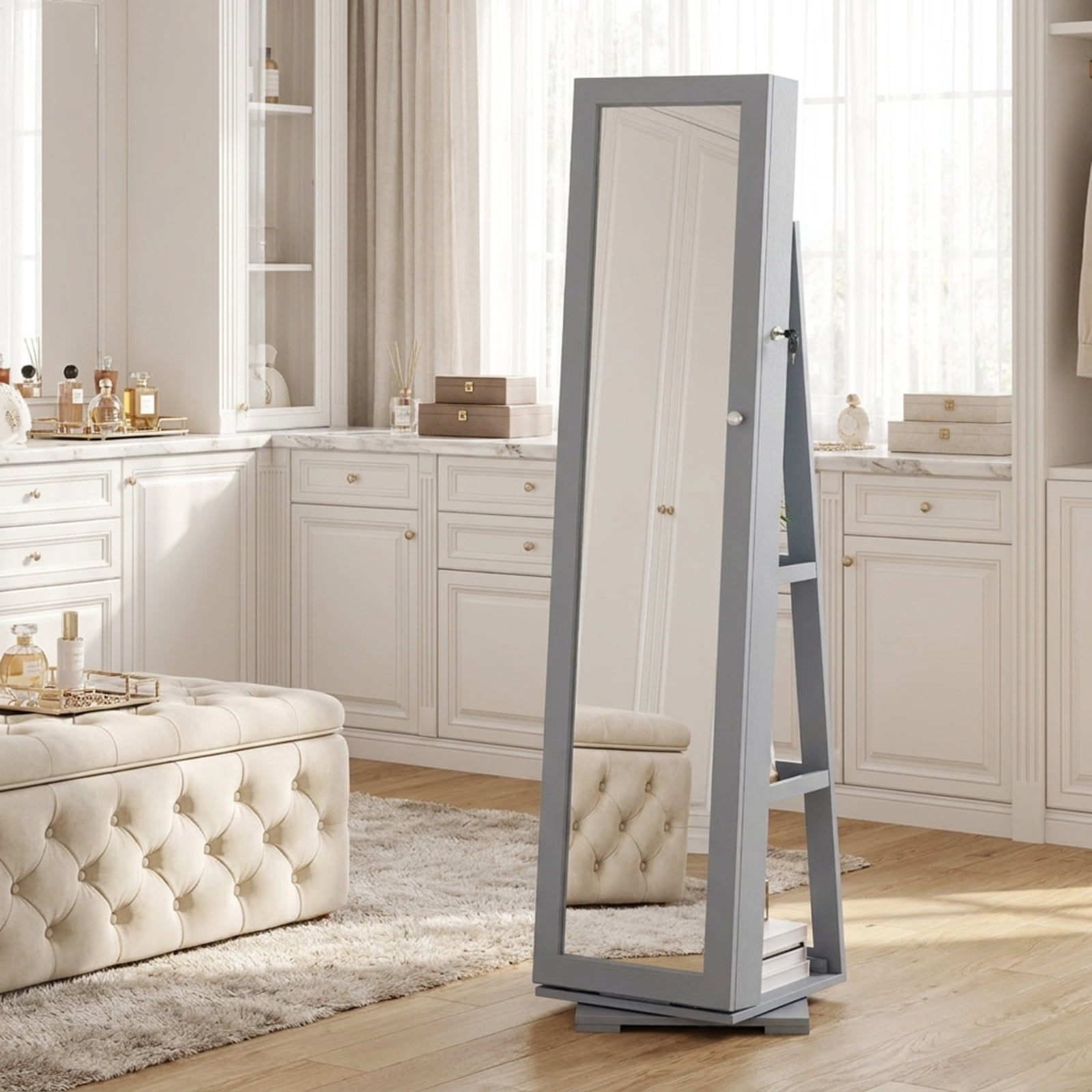 Furnibear 360° Rotatable 2-in-1 Lockable Jewelry Cabinet with Full-Length Mirror for Bedroom Dressing Room Jewelry Necklace Rings Storage Mirror, Gray