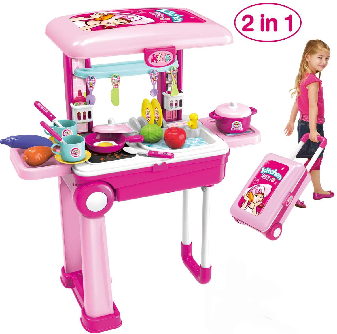 3-5 Years Lights and Accessories Included deAO SC-KP 2-in-1 Portable ‘My Little Chef’ Kitchen Suitcase Play Set with Sound Pink 