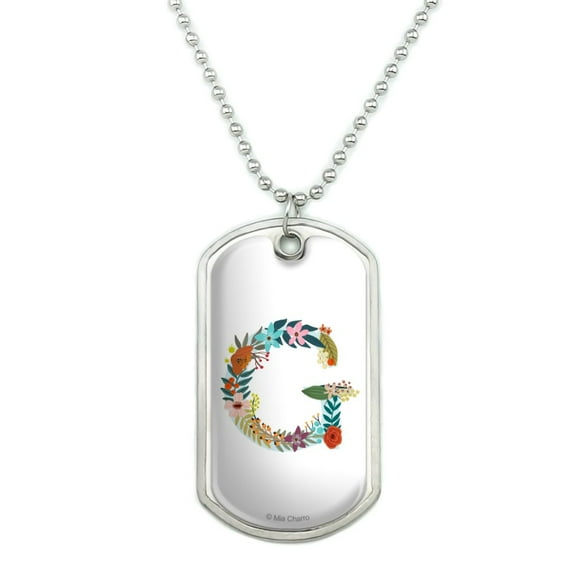 Letter G Floral Monogram Initial Military Dog Tag Pendant Necklace with Chain