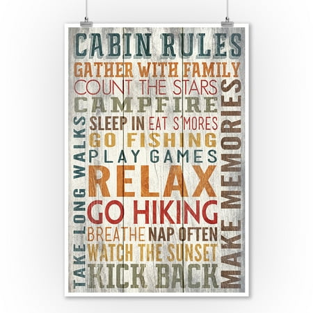 Rustic Metal Artwork Cabin Rules - Rustic Typography - Lantern Press Artwork (9x12 Art Print, Wall Decor Travel Poster) ()