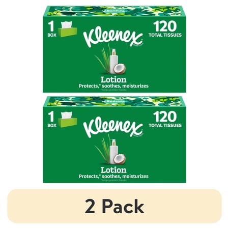 (2 pack) Kleenex Lotion Facial Tissues with Coconut Oil, 1 Flat Box, 120 Tissues per Box, 3-Ply